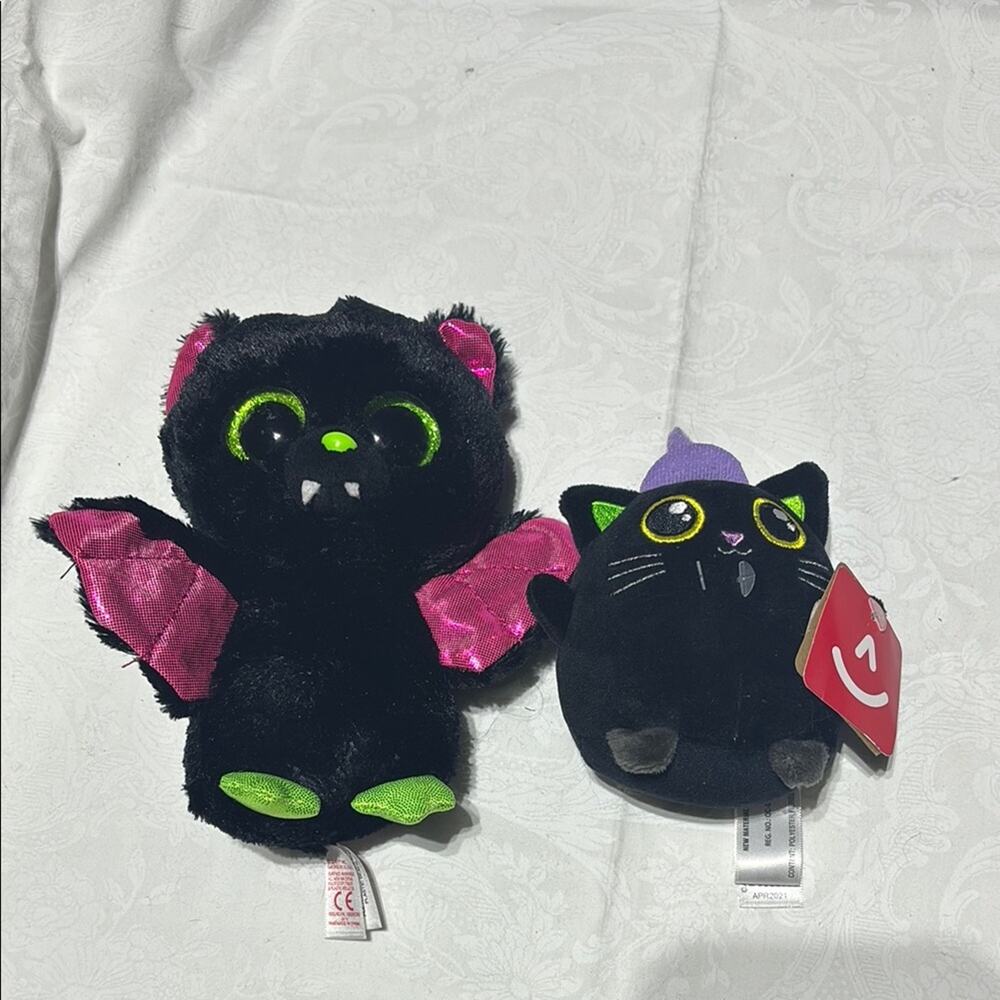 Black Plush Bat and Cat Set with Pink and Green Accents